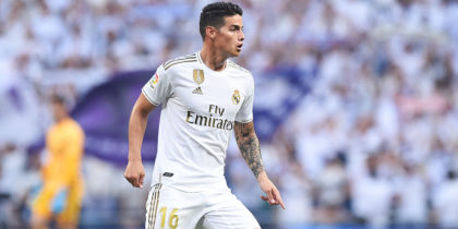 MADRID, SPAIN - AUGUST 24: MADRID, SPAIN - AUGUST 24: James Rodriguez of Real Madrid CF in action during the Liga match between Real Madrid CF and Real Valladolid CF at Estadio Santiago Bernabeu on August 24, 2019 in Madrid, Spain. (Photo by Denis Doyle/Getty Images)