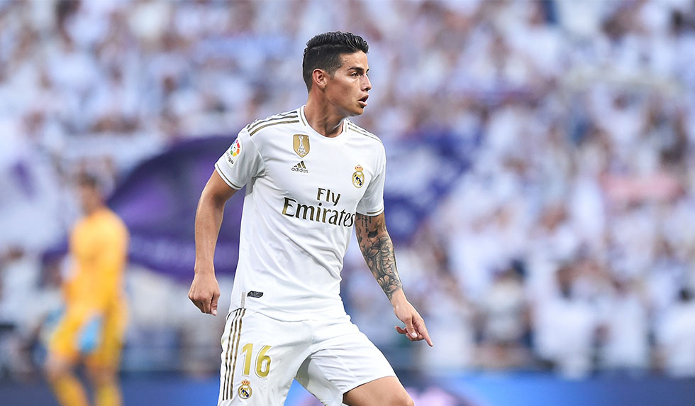 MADRID, SPAIN - AUGUST 24: MADRID, SPAIN - AUGUST 24: James Rodriguez of Real Madrid CF in action during the Liga match between Real Madrid CF and Real Valladolid CF at Estadio Santiago Bernabeu on August 24, 2019 in Madrid, Spain. (Photo by Denis Doyle/Getty Images)
