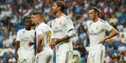 MADRID, SPAIN - AUGUST 24: Sergio Ramos and Gareth Bale of Real Madrid react after drawing 1-1 during the Liga match between Real Madrid CF and Real Valladolid CF at Estadio Santiago Bernabeu on August 24, 2019 in Madrid, Spain. (Photo by Denis Doyle/Getty Images)