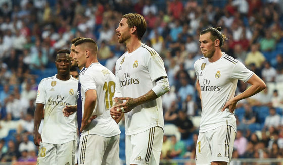 Real Madrid MADRID, SPAIN - AUGUST 24: Sergio Ramos and Gareth Bale of Real Madrid react after drawing 1-1 during the Liga match between Real Madrid CF and Real Valladolid CF at Estadio Santiago Bernabeu on August 24, 2019 in Madrid, Spain. (Photo by Denis Doyle/Getty Images)