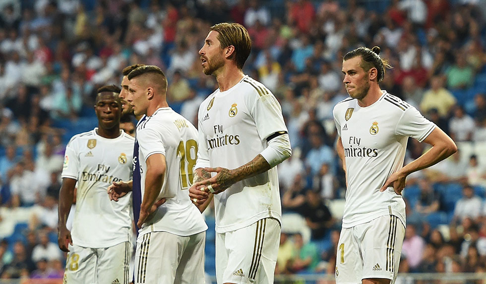 MADRID, SPAIN - AUGUST 24: Sergio Ramos and Gareth Bale of Real Madrid react after drawing 1-1 during the Liga match between Real Madrid CF and Real Valladolid CF at Estadio Santiago Bernabeu on August 24, 2019 in Madrid, Spain. (Photo by Denis Doyle/Getty Images)