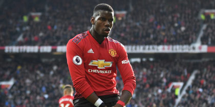 MANCHESTER, ENGLAND - APRIL 13: Paul Pogba of Manchester United celebrates as he scores his team's first goal from the penalty spot during the Premier League match between Manchester United and West Ham United at Old Trafford on April 13, 2019 in Manchester, United Kingdom. (Photo by Gareth Copley/Getty Images)