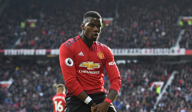 MANCHESTER, ENGLAND - APRIL 13: Paul Pogba of Manchester United celebrates as he scores his team's first goal from the penalty spot during the Premier League match between Manchester United and West Ham United at Old Trafford on April 13, 2019 in Manchester, United Kingdom. (Photo by Gareth Copley/Getty Images)