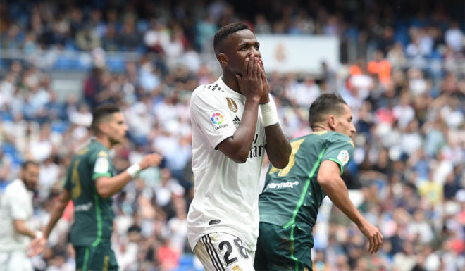 MADRID, SPAIN - MAY 19: Vinicius Junior of Real Madrid reacts during the La Liga match between Real Madrid CF and Real Betis Balompie at Estadio Santiago Bernabeu on May 19, 2019 in Madrid, Spain. (Photo by Denis Doyle/Getty Images)