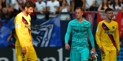 Barcelona's Spanish defender Gerard Pique (C) reacts after the Spanish league football match CA Osasuna against FC Barcelona at El Sadar stadium in Pamplona on August 31, on 2019. (Photo by ANDER GILLENEA / AFP) (Photo credit should read ANDER GILLENEA/AFP/Getty Images)
