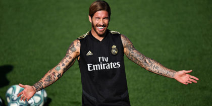 Real Madrid's Spanish defender Sergio Ramos takes part in a training session at the Ciudad Real Madrid training ground in Valdebebas, near Madrid, on August 31, 2019, ahead of their Spanish League football match against Villarreal. (Photo by PIERRE-PHILIPPE MARCOU / AFP) (Photo credit should read PIERRE-PHILIPPE MARCOU/AFP/Getty Images)