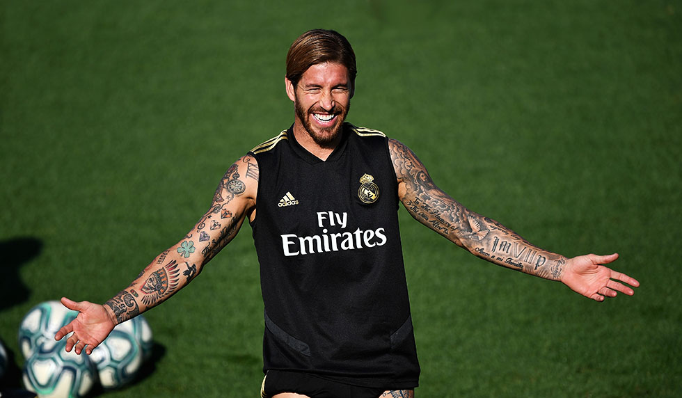 Real Madrid's Spanish defender Sergio Ramos takes part in a training session at the Ciudad Real Madrid training ground in Valdebebas, near Madrid, on August 31, 2019, ahead of their Spanish League football match against Villarreal. (Photo by PIERRE-PHILIPPE MARCOU / AFP) (Photo credit should read PIERRE-PHILIPPE MARCOU/AFP/Getty Images)