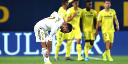 VILLAREAL, SPAIN - SEPTEMBER 01: Dani Carvajal of Real Madrid reacts after Gerard Moreno of Villarreal scores his sides first goal during the Liga match between Villarreal CF and Real Madrid CF at Estadio de la Ceramica on September 01, 2019 in Villareal, Spain. (Photo by David Ramos/Getty Images)