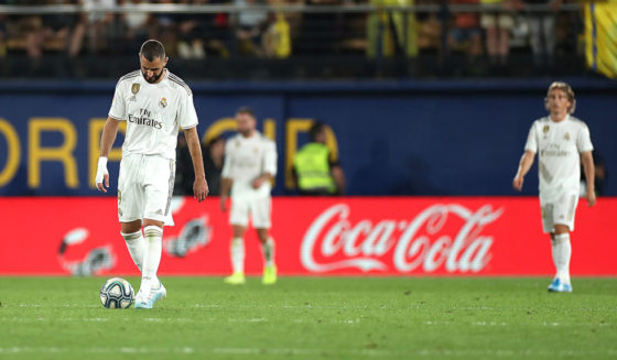 VILLAREAL, SPAIN - SEPTEMBER 01: Karim Benzema of Real Madrid reacts after Moi Gomez of Villarreal scores their second goal during the Liga match between Villarreal CF and Real Madrid CF at Estadio de la Ceramica on September 01, 2019 in Villareal, Spain. (Photo by David Ramos/Getty Images)