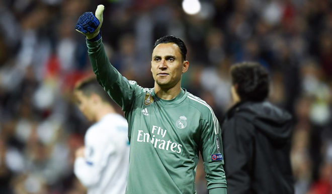 Real Madrid's Costa Rican goalkeeper Keylor Navas celebrates at the end of the UEFA Champions League semi-final second leg football match between Real Madrid and Bayern Munich at the Santiago Bernabeu Stadium in Madrid on May 1, 2018. (Photo by OSCAR DEL POZO / AFP) (Photo credit should read OSCAR DEL POZO/AFP/Getty Images)