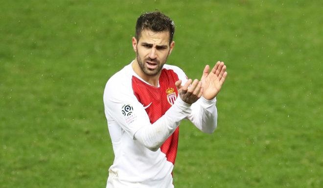 Cesc Fabregas Monaco's Spanish midfielder Cesc Fabregas applauds after scoring a goal during the French L1 football match Monaco vs Toulouse on February 2, 2019 at the "Louis II Stadium" in Monaco. (Photo by VALERY HACHE / AFP) (Photo credit should read VALERY HACHE/AFP/Getty Images)