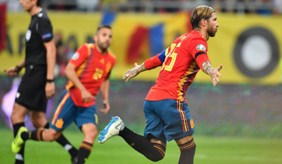 Sergio Ramos Spain's defender Sergio Ramos (R) celebrates scoring with his team-mates during the Euro 2020 football qualification match between Romania and Spain in Bucharest, Romania, on September 5, 2019. (Photo by Daniel MIHAILESCU / AFP) (Photo credit should read DANIEL MIHAILESCU/AFP/Getty Images)