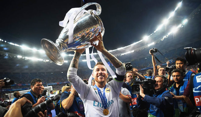 Sergio Ramos KIEV, UKRAINE - MAY 26: Sergio Ramos of Real Madrid celebrates with the UEFA Champions League Trophy following his sides victory in the UEFA Champions League Final between Real Madrid and Liverpool at NSC Olimpiyskiy Stadium on May 26, 2018 in Kiev, Ukraine. (Photo by Michael Regan/Getty Images)