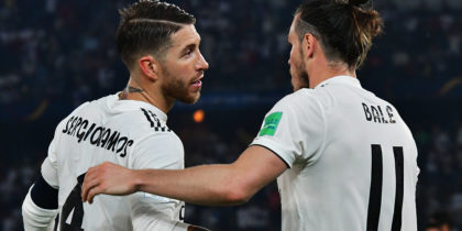 Real Madrid's Spanish defender Sergio Ramos (L) congratulates Real Madrid's Welsh forward Gareth Bale (R) for his goal during the semi final football match of the FIFA Club World Cup 2018 tournament between Japan's Kashima Antlers and Spain's Real Madrid at the Zayed Sports City Stadium in Abu Dhabi, the capital of the United Arab Emirates, on December 19, 2018. (Photo by Giuseppe CACACE / AFP) (Photo credit should read GIUSEPPE CACACE/AFP/Getty Images)
