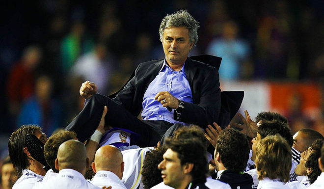 José Mourinho VALENCIA, BARCELONA - APRIL 20: Head Coach Jose Mourinho of Real Madrid celebrates after the Copa del Rey final match between Real Madrid and Barcelona at Estadio Mestalla on April 20, 2011 in Valencia, Spain. Real Madrid won 1-0. (Photo by Manuel Queimadelos Alonso/Getty Images)