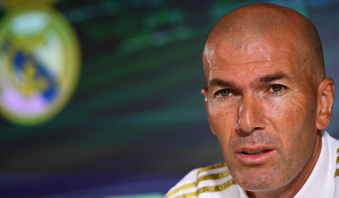 Real Madrid's French coach Zinedine Zidane holds a press conference at the Ciudad Real Madrid training ground in Valdebebas, Madrid, on September 13, 2019. (Photo by GABRIEL BOUYS / AFP) (Photo credit should read GABRIEL BOUYS/AFP/Getty Images)