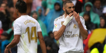 Real Madrid's French forward Karim Benzema celebrates after scoring during the Spanish league football match Real Madrid CF against Levante UD at the Santiago Bernabeu stadium in Madrid on September 14, 2019. (Photo by CURTO DE LA TORRE / AFP) (Photo credit should read CURTO DE LA TORRE/AFP/Getty Images)