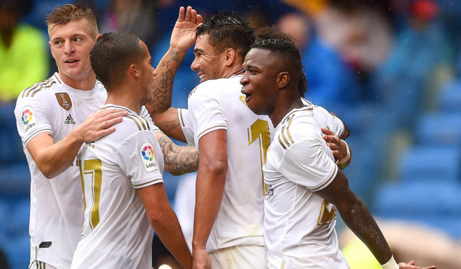 MADRID, SPAIN - SEPTEMBER 14: Casemiro of Real Madrid celebrates after scoring his team's third goal with his team mates during the La Liga match between Real Madrid CF and Levante UD at Estadio Santiago Bernabeu on September 14, 2019 in Madrid, Spain. (Photo by Denis Doyle/Getty Images)