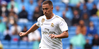 MADRID, SPAIN - SEPTEMBER 14: Eden Hazard of Real Madrid runs with the ball during the La Liga match between Real Madrid CF and Levante UD at Estadio Santiago Bernabeu on September 14, 2019 in Madrid, Spain. (Photo by Denis Doyle/Getty Images)