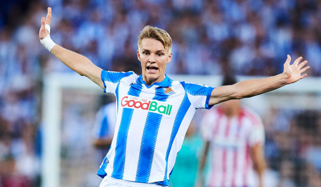 SAN SEBASTIAN, SPAIN - SEPTEMBER 14: Martin Odegaard of Real Sociedad reacts during the Liga match between Real Sociedad and Club Atletico de Madrid at Estadio Reale Arena on September 14, 2019 in San Sebastian, Spain. (Photo by Juan Manuel Serrano Arce/Getty Images)