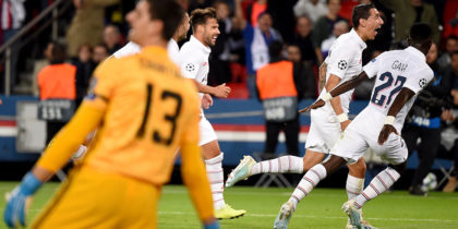 Paris Saint-Germain's Argentine midfielder Angel Di Maria celebrates scoring his team's second goal during the UEFA Champions league Group A football match between Paris Saint-Germain and Real Madrid, at the Parc des Princes stadium, in Paris, on September 18, 2019. (Photo by Lucas BARIOULET / AFP) (Photo credit should read LUCAS BARIOULET/AFP/Getty Images)