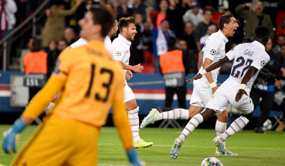 Paris Saint-Germain's Argentine midfielder Angel Di Maria celebrates scoring his team's second goal during the UEFA Champions league Group A football match between Paris Saint-Germain and Real Madrid, at the Parc des Princes stadium, in Paris, on September 18, 2019. (Photo by Lucas BARIOULET / AFP) (Photo credit should read LUCAS BARIOULET/AFP/Getty Images)