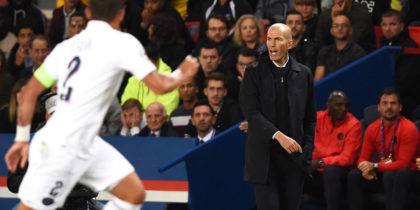 Real Madrid's French coach Zinedine Zidane reacts during the UEFA Champions league Group A football match between Paris Saint-Germain and Real Madrid, at the Parc des Princes stadium, in Paris, on September 18, 2019. (Photo by Lucas BARIOULET / AFP) (Photo credit should read LUCAS BARIOULET/AFP/Getty Images)