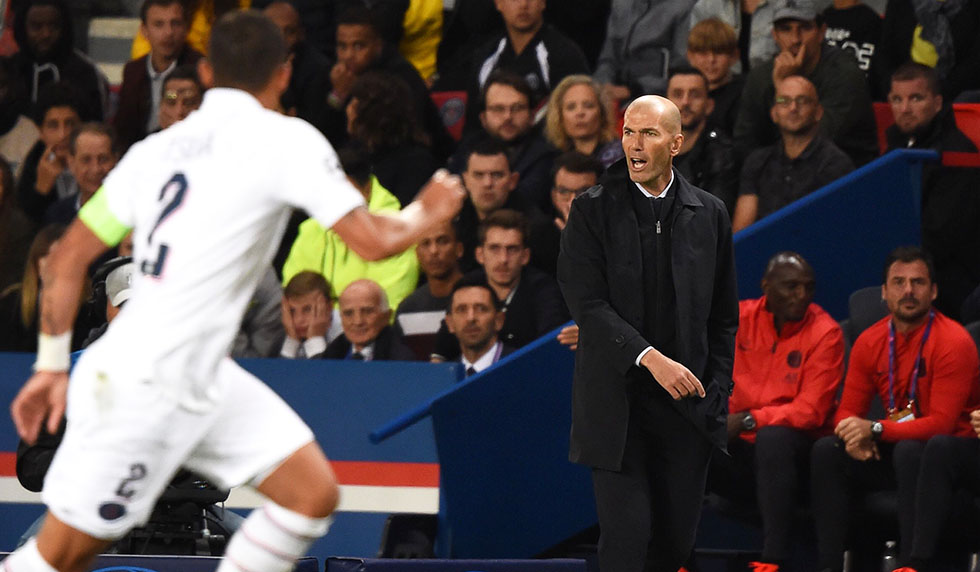 Real Madrid's French coach Zinedine Zidane reacts during the UEFA Champions league Group A football match between Paris Saint-Germain and Real Madrid, at the Parc des Princes stadium, in Paris, on September 18, 2019. (Photo by Lucas BARIOULET / AFP) (Photo credit should read LUCAS BARIOULET/AFP/Getty Images)