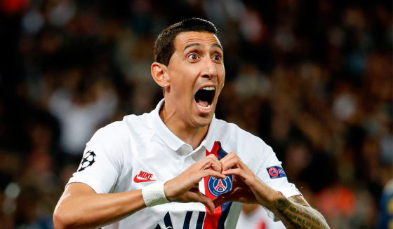 Paris Saint-Germain's Argentine midfielder Angel Di Maria celebrates scoring his team's first goal during the UEFA Champions league Group A football match between Paris Saint-Germain and Real Madrid, at the Parc des Princes stadium, in Paris, on September 18, 2019. (Photo by Thomas SAMSON / AFP) (Photo credit should read THOMAS SAMSON/AFP/Getty Images)