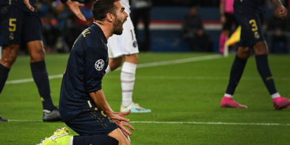 Real Madrid's Spanish defender Dani Carvajal (C) reacts during the UEFA Champions league Group A football match between Paris Saint-Germain and Real Madrid, at the Parc des Princes stadium, in Paris, on September 18, 2019. (Photo by MARTIN BUREAU / AFP) (Photo credit should read MARTIN BUREAU/AFP/Getty Images)