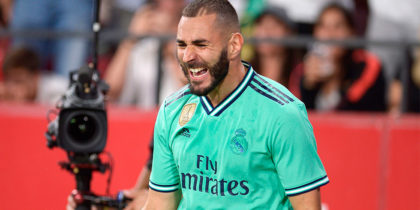 Real Madrid's French forward Karim Benzema celebrates after scoring a goal during the Spanish league football match between Sevilla FC and Real Madrid CF at the Ramon Sanchez Pizjuan stadium in Seville on September 22, 2019. (Photo by CRISTINA QUICLER / AFP) (Photo credit should read CRISTINA QUICLER/AFP/Getty Images)