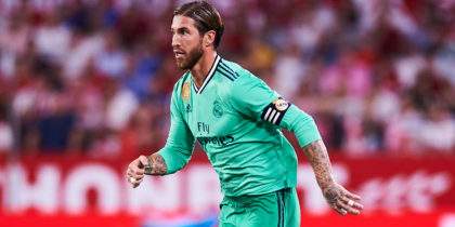 SEVILLE, SPAIN - SEPTEMBER 22: Sergio Ramos of Real Madrid CF in action during the Liga match between Sevilla FC and Real Madrid CF at Estadio Ramon Sanchez Pizjuan on September 22, 2019 in Seville, Spain. (Photo by Aitor Alcalde/Getty Images)