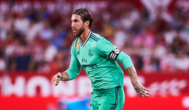 SEVILLE, SPAIN - SEPTEMBER 22: Sergio Ramos of Real Madrid CF in action during the Liga match between Sevilla FC and Real Madrid CF at Estadio Ramon Sanchez Pizjuan on September 22, 2019 in Seville, Spain. (Photo by Aitor Alcalde/Getty Images)