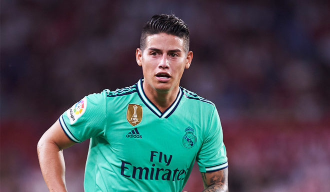 SEVILLE, SPAIN - SEPTEMBER 22: James Rodriguez of Real Madrid CF looks on during the Liga match between Sevilla FC and Real Madrid CF at Estadio Ramon Sanchez Pizjuan on September 22, 2019 in Seville, Spain. (Photo by Aitor Alcalde/Getty Images)