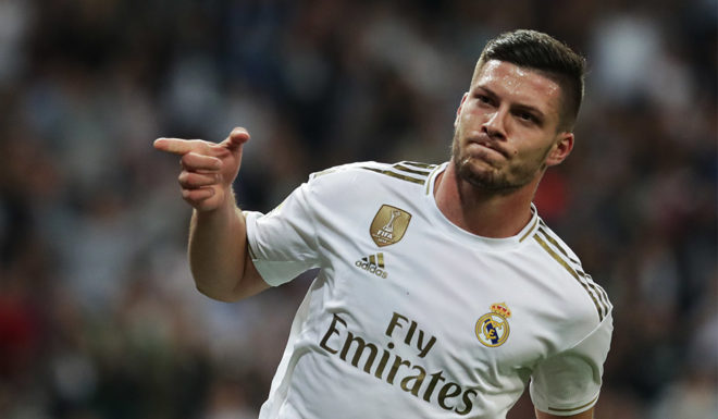 MADRID, SPAIN - SEPTEMBER 25: Luka Jovic of Real Madrid CF celebrates scoring their second goal during the Liga match between Real Madrid CF and CA Osasuna at Estadio Santiago Bernabeu on September 25, 2019 in Madrid, Spain. (Photo by Gonzalo Arroyo Moreno/Getty Images)