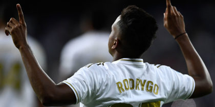 Real Madrid's Brazilian forward Rodrygo celebrates his goal during the Spanish league football match between Real Madrid CF and CA Osasuna at the Santiago Bernabeu stadium in Madrid, on September 25, 2019. (Photo by OSCAR DEL POZO / AFP) (Photo credit should read OSCAR DEL POZO/AFP/Getty Images)