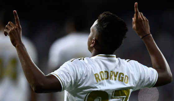 Real Madrid's Brazilian forward Rodrygo celebrates his goal during the Spanish league football match between Real Madrid CF and CA Osasuna at the Santiago Bernabeu stadium in Madrid, on September 25, 2019. (Photo by OSCAR DEL POZO / AFP) (Photo credit should read OSCAR DEL POZO/AFP/Getty Images)