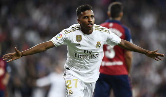 Real Madrid's Brazilian forward Rodrygo celebrates his goal during the Spanish league football match between Real Madrid CF and CA Osasuna at the Santiago Bernabeu stadium in Madrid, on September 25, 2019. (Photo by OSCAR DEL POZO / AFP) (Photo credit should read OSCAR DEL POZO/AFP/Getty Images)