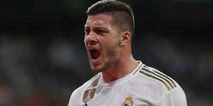 MADRID, SPAIN - SEPTEMBER 25: Luka Jovic of Real Madrid CF celebrates as he thinks he has scored, but goal was disallowed, during the Liga match between Real Madrid CF and CA Osasuna at Estadio Santiago Bernabeu on September 25, 2019 in Madrid, Spain. (Photo by Gonzalo Arroyo Moreno/Getty Images)