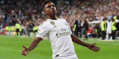 MADRID, SPAIN - SEPTEMBER 25: Rodrygo Goes of Real Madrid CF celebrates scoring their second goal during the Liga match between Real Madrid CF and CA Osasuna at Estadio Santiago Bernabeu on September 25, 2019 in Madrid, Spain. (Photo by Gonzalo Arroyo Moreno/Getty Images)