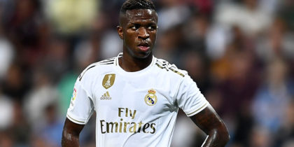 Real Madrid's Brazilian forward Vinicius Junior stands on the field during the Spanish league football match between Real Madrid CF and CA Osasuna at the Santiago Bernabeu stadium in Madrid, on September 25, 2019. (Photo by OSCAR DEL POZO / AFP) (Photo credit should read OSCAR DEL POZO/AFP/Getty Images)