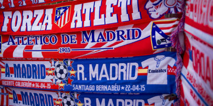 MADRID, SPAIN - APRIL 14: Football scarves are seen on a street stall prior to the UEFA Champions League Quarter Final First Leg match between Club Atletico de Madrid and Real Madrid CF at Vicente Calderon Stadium on April 14, 2015 in Madrid, Spain. (Photo by Gonzalo Arroyo Moreno/Getty Images)