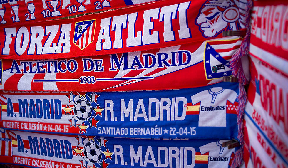 MADRID, SPAIN - APRIL 14: Football scarves are seen on a street stall prior to the UEFA Champions League Quarter Final First Leg match between Club Atletico de Madrid and Real Madrid CF at Vicente Calderon Stadium on April 14, 2015 in Madrid, Spain. (Photo by Gonzalo Arroyo Moreno/Getty Images)