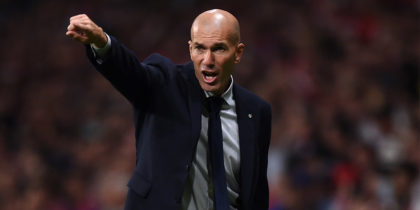 MADRID, SPAIN - SEPTEMBER 28: Real Madrid Head coach, Zinedine Zidane gives his players instructions from the sidelines during the Liga match between Club Atletico de Madrid and Real Madrid CF at Wanda Metropolitano on September 28, 2019 in Madrid, Spain. (Photo by Denis Doyle/Getty Images)