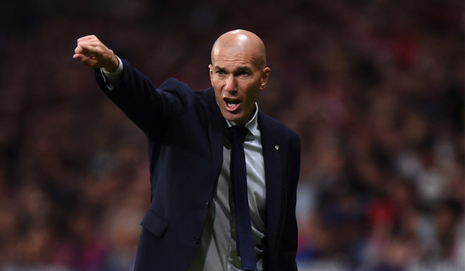 Zinédine Zidane MADRID, SPAIN - SEPTEMBER 28: Real Madrid Head coach, Zinedine Zidane gives his players instructions from the sidelines during the Liga match between Club Atletico de Madrid and Real Madrid CF at Wanda Metropolitano on September 28, 2019 in Madrid, Spain. (Photo by Denis Doyle/Getty Images)