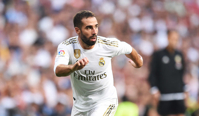 Dani Carvajal MADRID, SPAIN - AUGUST 24: Dani Carvajal of Real Madrid CF in action during the Liga match between Real Madrid CF and Real Valladolid CF at Estadio Santiago Bernabeu on August 24, 2019 in Madrid, Spain. (Photo by Denis Doyle/Getty Images)