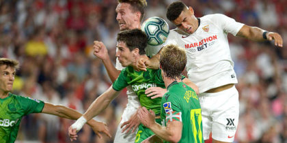 Sevilla's Brazilian defender Diego Carlos (L) jumps for the ball with Real Sociedad's Spanish defender Aritz Elustondo (L) during the Spanish league football match between Sevilla FC and Real Sociedad at the Ramon Sanchez Pizjuan stadium in Seville on September 29, 2019. (Photo by CRISTINA QUICLER / AFP) (Photo credit should read CRISTINA QUICLER/AFP/Getty Images)