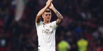 MADRID, SPAIN - SEPTEMBER 28: Toni Kroos of Real Madrid thanks the fans after the Liga match between Club Atletico de Madrid and Real Madrid CF at Wanda Metropolitano on September 28, 2019 in Madrid, Spain. (Photo by Denis Doyle/Getty Images)