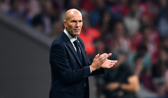 Zidane Real Madrid's French coach Zinedine Zidane applauds during the Spanish league football match between Club Atletico de Madrid and Real Madrid CF at the Wanda Metropolitano stadium in Madrid on September 28, 2019. (Photo by OSCAR DEL POZO / AFP) (Photo credit should read OSCAR DEL POZO/AFP/Getty Images)
