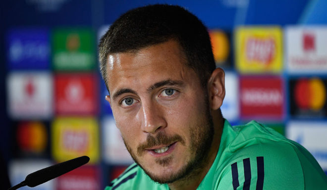 Real Madrid's Belgian forward Eden Hazard gives a press conference at the Valdebebas training complex in the outskirts of Madrid, on September 30, 2019, on the eve of the UEFA Champions league Group A football match against Club Brugge. (Photo by PIERRE-PHILIPPE MARCOU / AFP) (Photo credit should read PIERRE-PHILIPPE MARCOU/AFP/Getty Images)